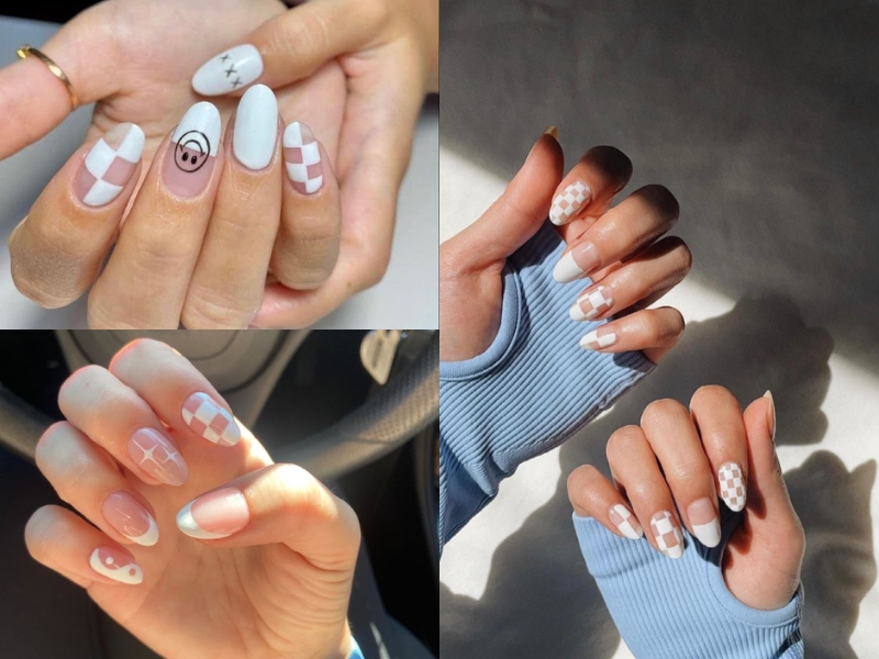 Mẫu nail caro trắng trên nền nude