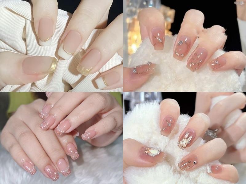 Nail hồng Hàn Quốc đính charm hoặc sơn đầu móng