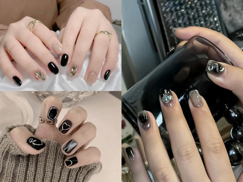 mẫu nail đen tráng gương đính đá