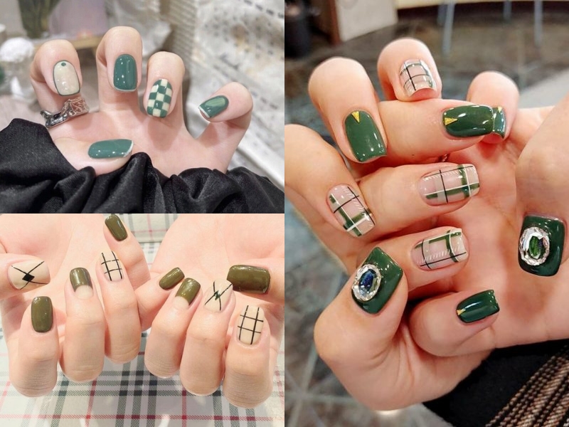 Mẫu nail caro màu xanh lá đính đá và họa tiết