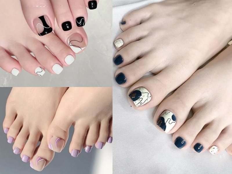 mẫu nail chân gợn sóng màu trắng, đen, tính