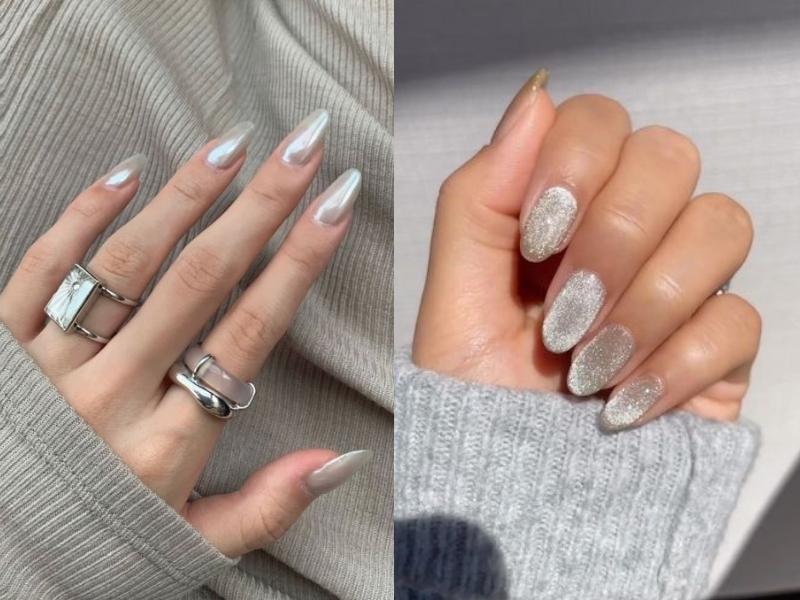 Nail màu bạc tráng gương và phủ kim tuyến