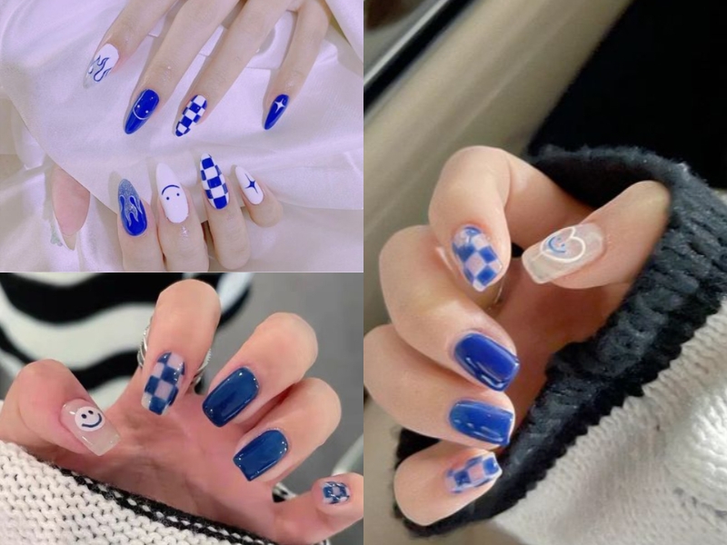 Mẫu nail caro xanh đậm móng dài