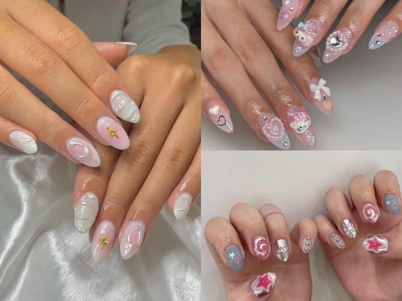 Nail hồng trắng đính charm cute