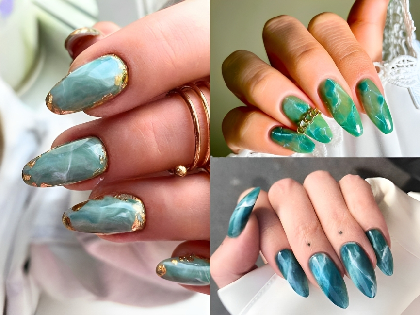 Nail vân đá ngọc bích đính xà cừ vàng