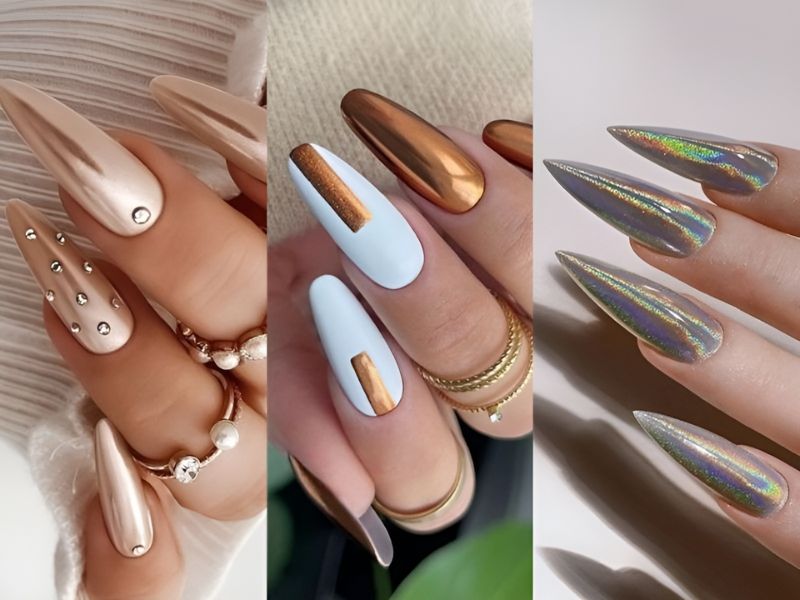 mẫu nail tráng gương đính đá