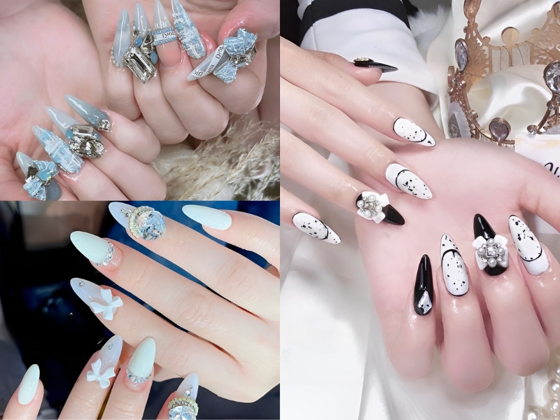 Nail đính nơ đá lấp lánh kiêu sa. (Nguồn: Hải Yến - Pinterest)