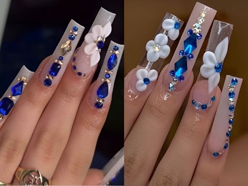 Nail móng úp gắn đá màu xanh dương 