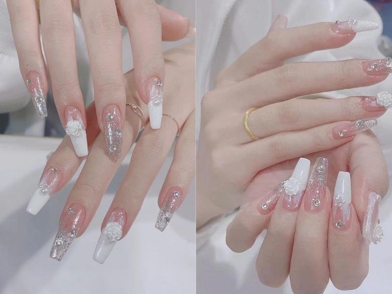 nail cô dâu đính charm và kim tuyến 