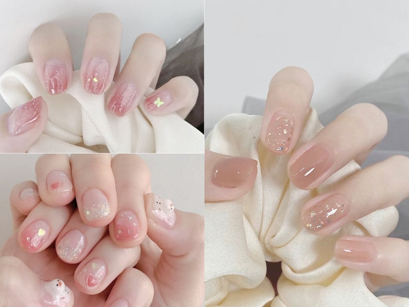 mẫu nail màu hồng thạch đính kim tuyến