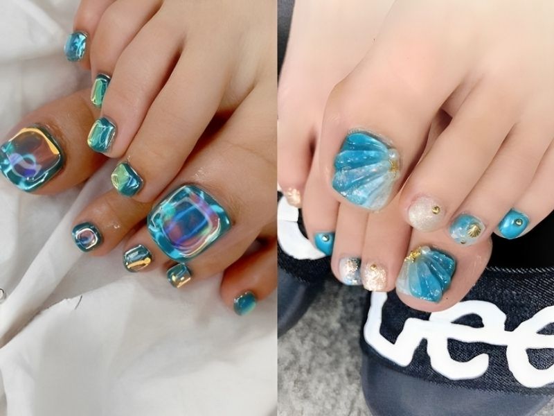 Mẫu nail chân xanh ngọc hiệu ứng thạch 