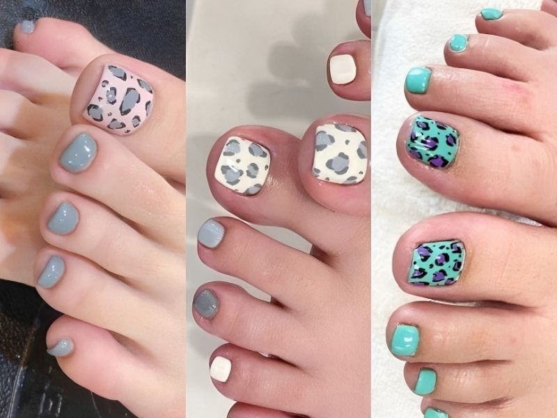 Mẫu nail màu xanh ngọc vẽ họa tiết da báo