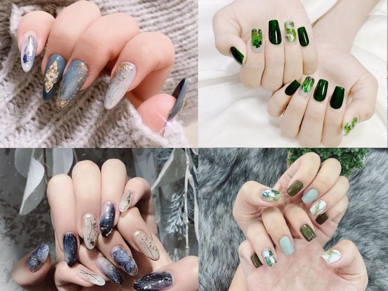 Mẫu nail màu xanh khảm xà cừ