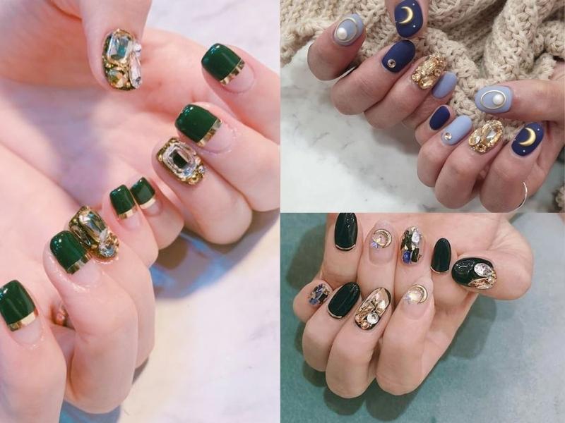 Mẫu nail màu xanh đá khối 