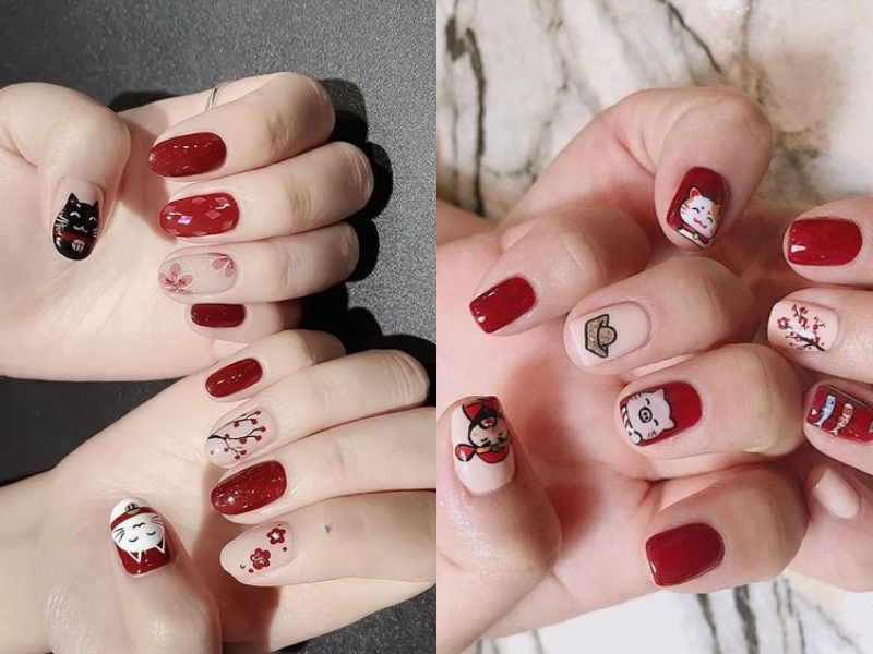 nail đỏ rượu vẽ mèo thần tài