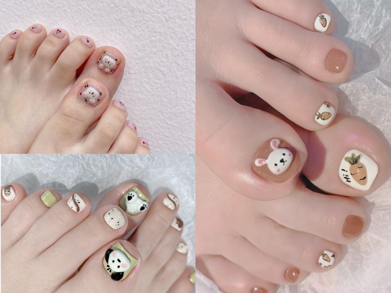 mẫu nail chân đính charm con thỏ, chó