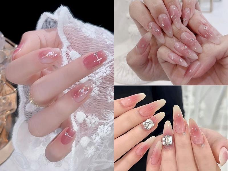 Nail thạch màu hồng nude có đính đá