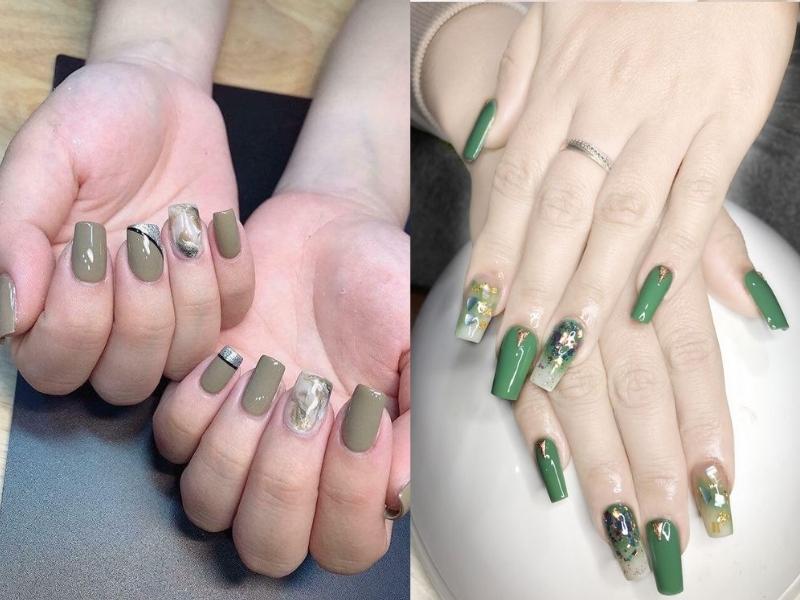 Mẫu nail màu xanh xà cừ và họa tiết