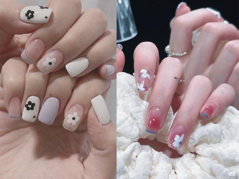 Kiểu nail móng ngắn màu nhạt vẽ hoa