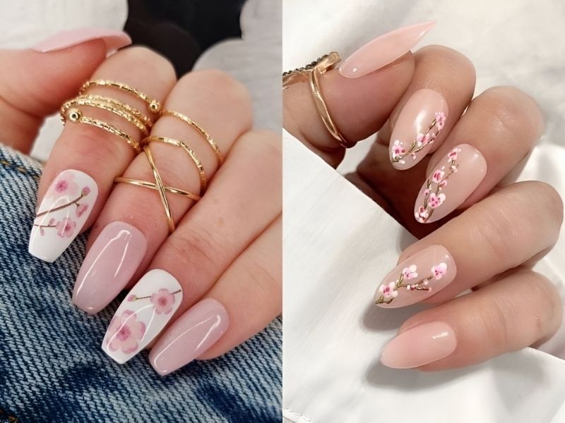 mẫu nail hồng hoạ tiết hoa đào