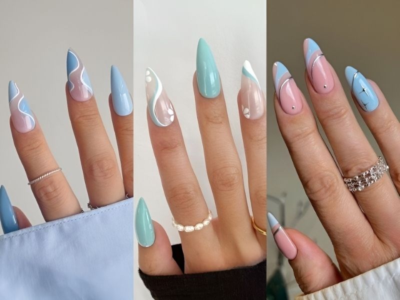 Những mẫu nail màu xanh dương nhạt vẽ họa tiết đơn giản