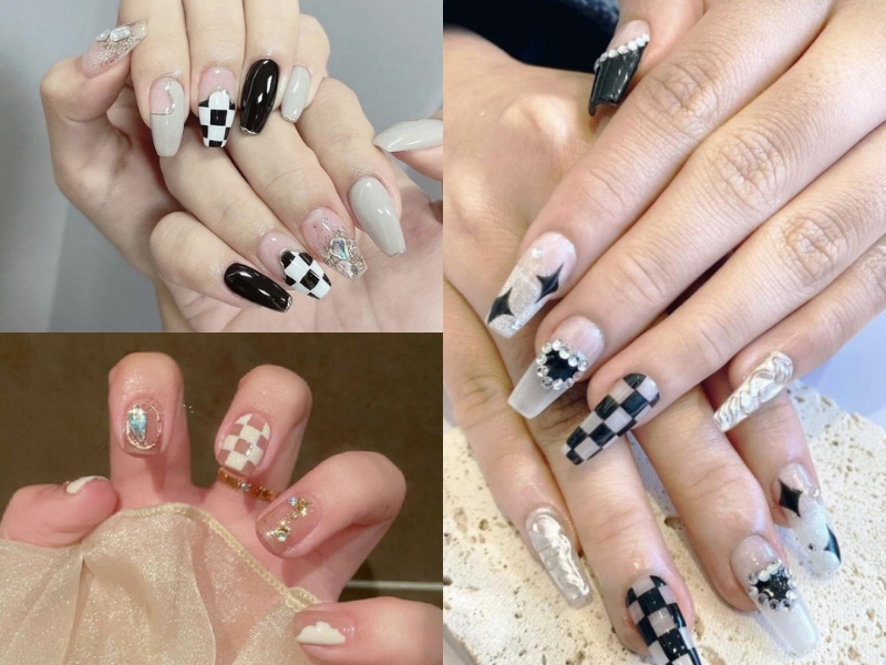 Mẫu nail caro đính đá