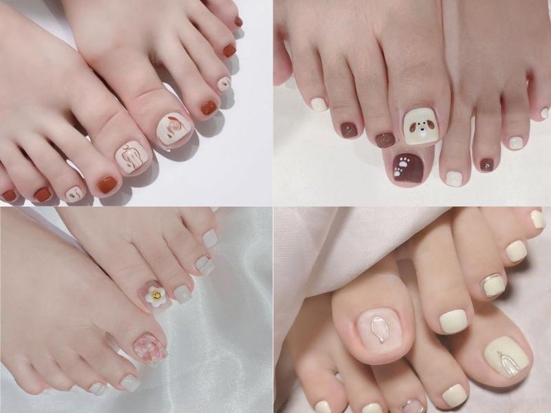 bộ nail chân Hàn Quốc màu trắng họa tiêt