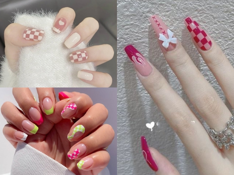 Mẫu nail caro hồng nhạt và hồng đậm