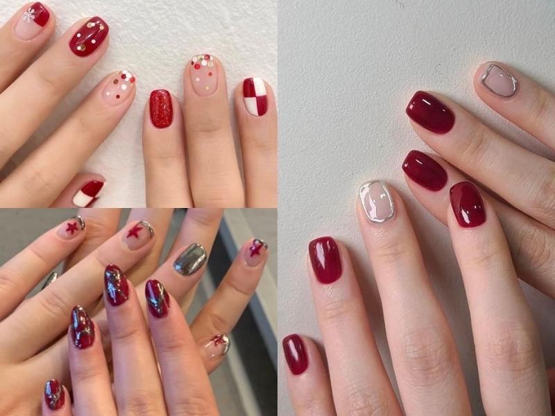 Nail màu đỏ trơn và vẽ hoạ tiết nhỏ