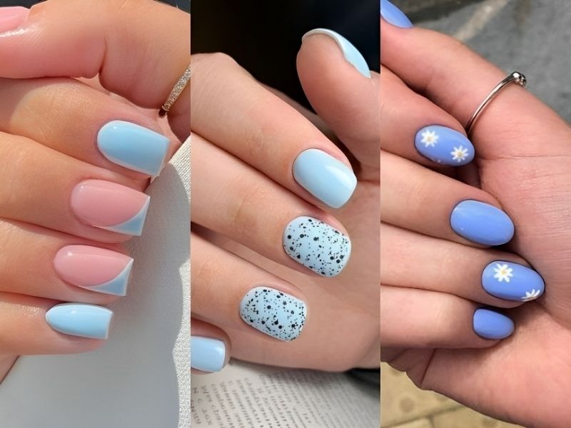 Những mẫu nail màu xanh dương nhạt cho dáng móng ngắn có vẽ hoạ tiết