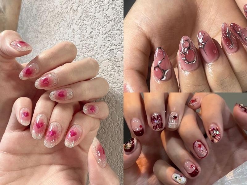 nail tone hồng đính vân đá và trái tim