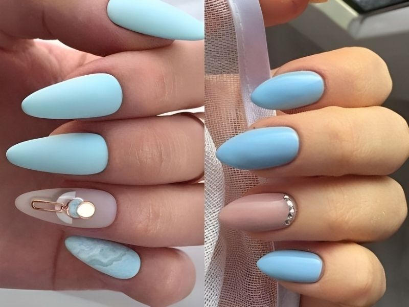 Những mẫu nail xanh dương nhạt có đính đá nhỏ