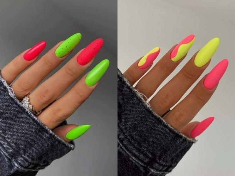 Nail neon đỏ xanh vàng