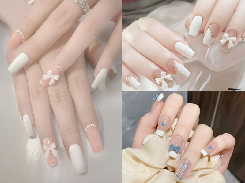 Các mẫu móng đẹp đính nơ cho nàng thêm phần dịu dàng, nữ tính (Nguồn: Thỏ Nail, Tố Uyên Nail, Rinnie)