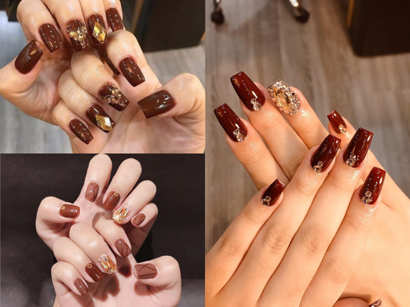  Mẫu nail màu nâu đính đá