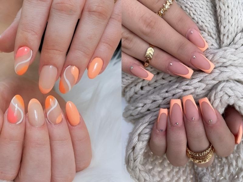 Mẫu nail sơn đầu móng và vẽ nét lượn sóng màu hồng đào