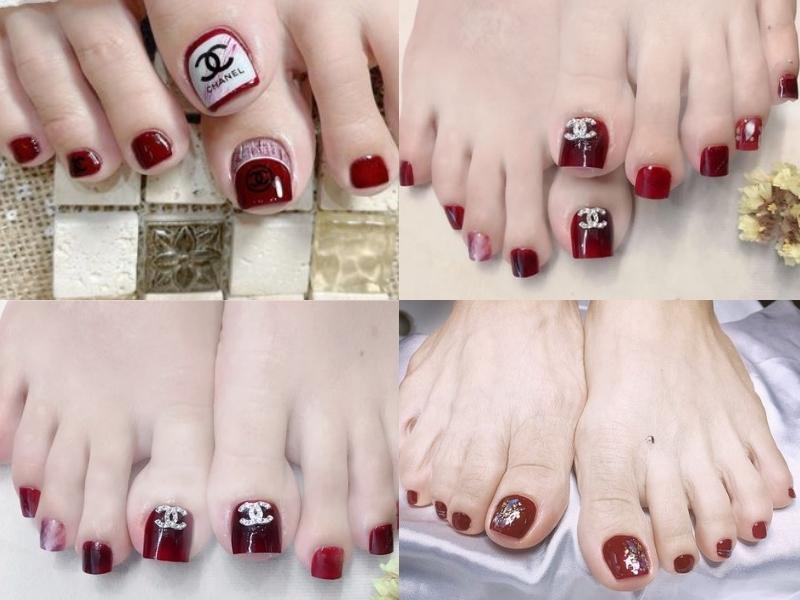 Bộ nail chân màu đỏ rượu