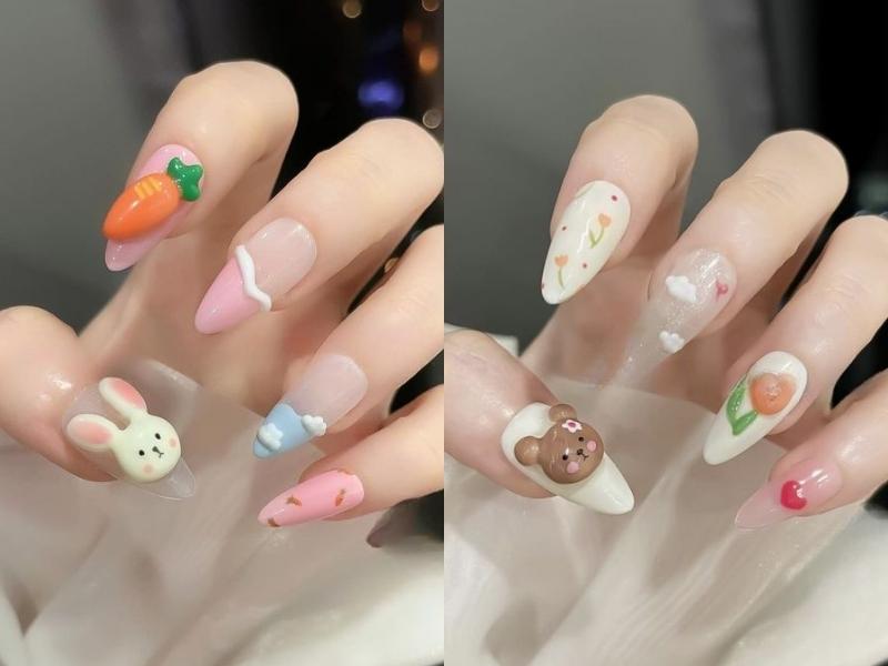 nail móng nhọn đính charm con vật màu pastel