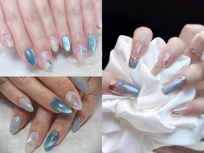 mẫu nail tráng gương ánh xanh kim tuyến đính đá