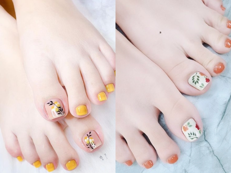 mẫu nail chân đơn giản hoa lá vàng, cam