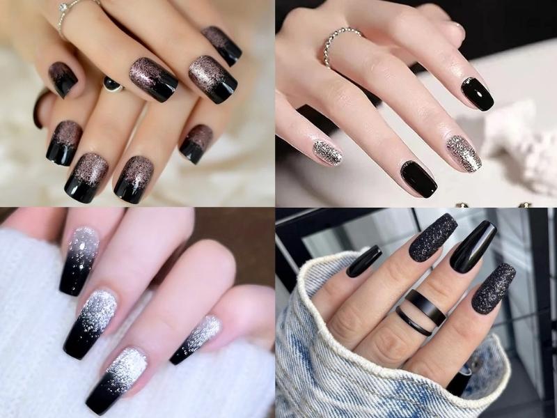 Nail màu đen kim tuyến xen kẽ