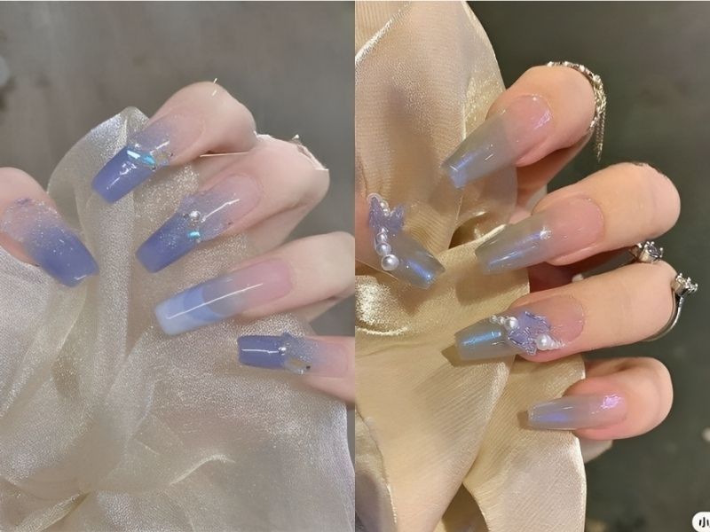 Mẫu nail thạch màu xanh dương nhạt đính đá