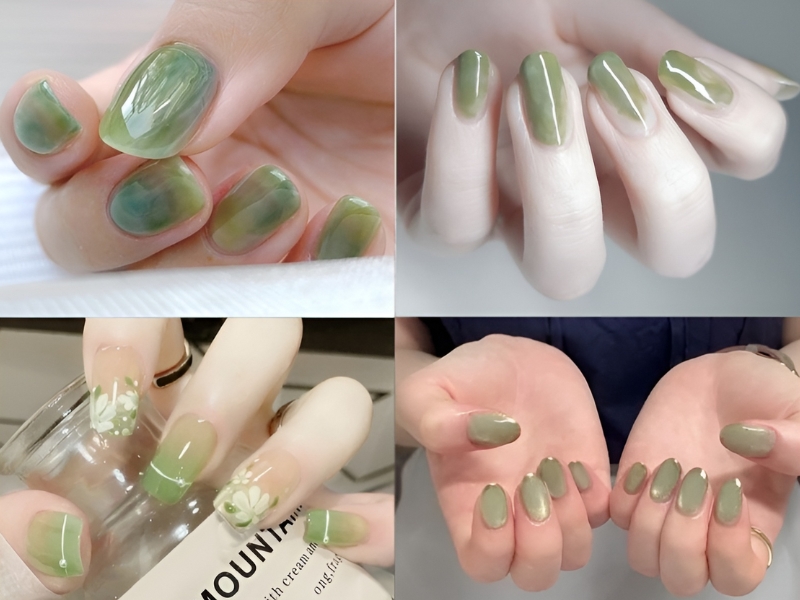 Mẫu nail sơn thạch đơn giản xanh lá