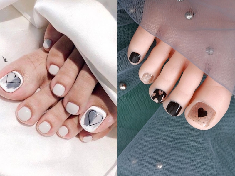 mẫu nail chân đơn giản trái tim đen, xám