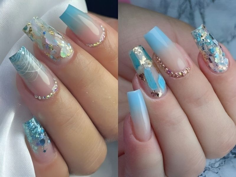 những mẫu Nail xanh dương nhạt tráng gương có đính đá và kim tuyến