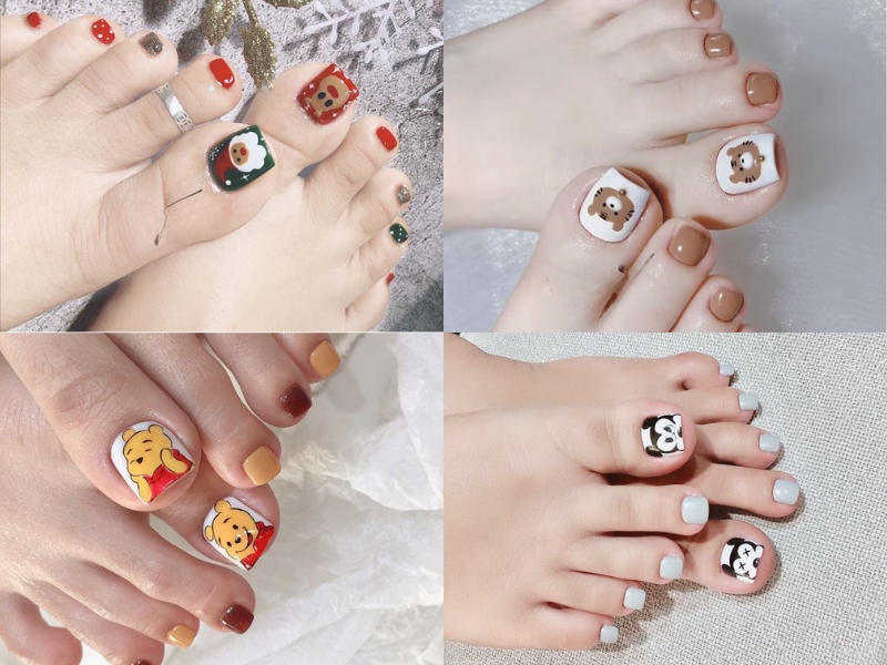 mẫu nail chân vẽ con vật hoạt hình