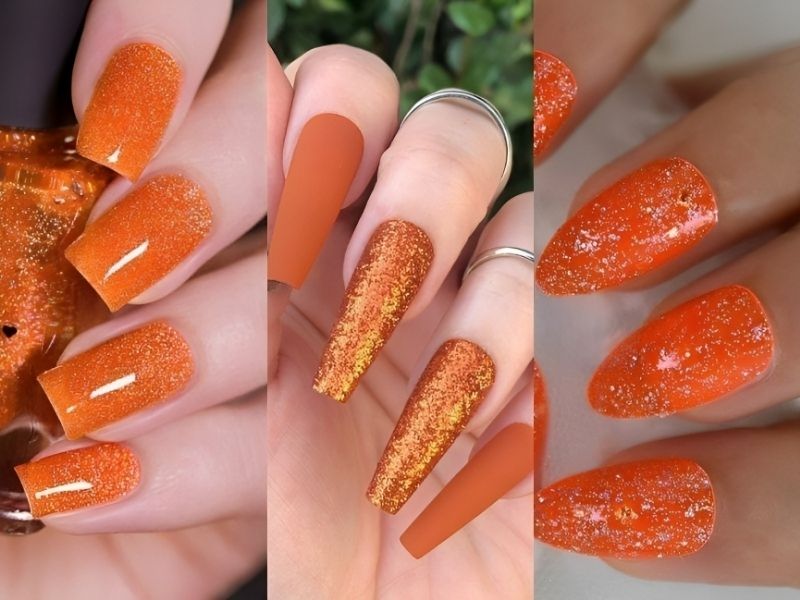 Mẫu nail kim tuyến màu cam