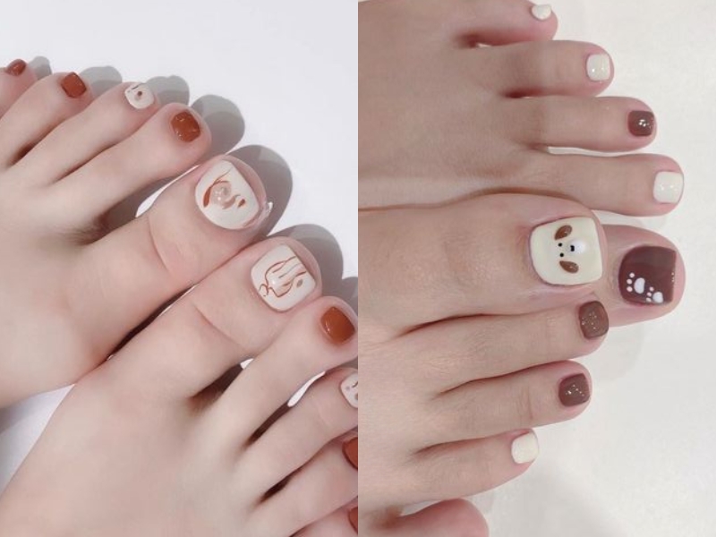 mẫu nail chân Hàn Quốc màu nâu