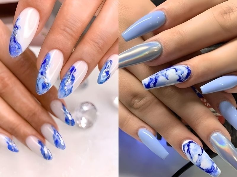 Nail xanh dương nhạt vân đá 