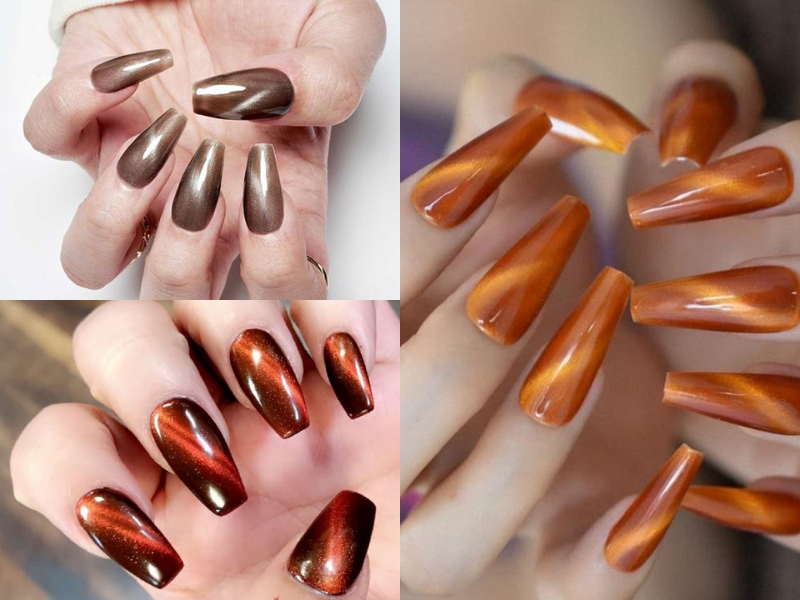 Mẫu nail mắt mèo màu nâu trơn